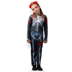 Imagem de Fantasia Esqueletinha Halloween Infantil Caveira Mexicana Com Coroa de