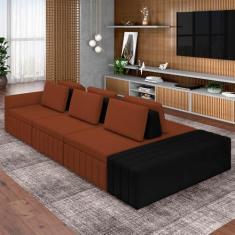 Imagem de Sofá Ilha com Encosto e Almofadas Móveis Olimpo 335cm Modulado Linho/PU Terracota/Preto G45 - Gran Belo