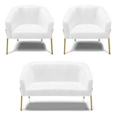 Imagem de Sofá Namoradeira E 2 Poltronas Pé De Ferro Dourado Stella Corano D03 - D'rossi Cor Branco