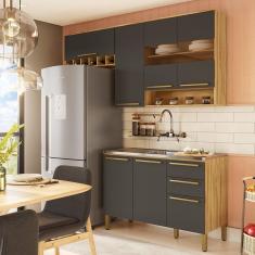 Imagem de Cozinha Modulada Compacta 3 Peças 7 Portas 2 Gavetas sem Tampo com Vidro Reflecta 100% Mdf Itália Es Amêndoa/Cinza