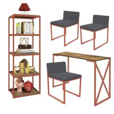 Imagem de Kit Escritório Bex 3 Cadeiras Suede Cinza com 1 Mesa e 1 Livreiro Ferro Bronze MDF Caramelo - Ahazzo Móveis