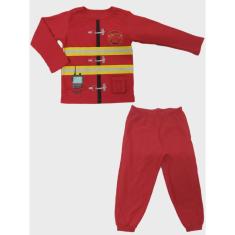 Imagem de Conjunto Infantil Manga Longa Pijama Fantasia Bombeiro Camiseta e Calça