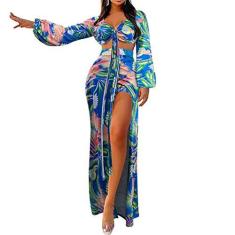 Imagem de Vestido feminino sexy de verão, 2 peças, chiffon, top cropped e saia, saída de praia, mangas longas, nó frontal
