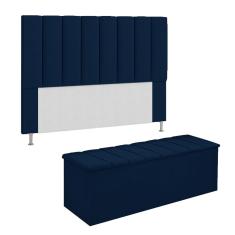 Imagem de Conjunto Cabeceira E Calçadeira Cancun Para Cama Box Casal 140 cm Suede  Marinho - DL Decor