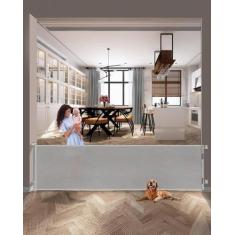 Imagem de Portão retrátil para bebês com 300 cm de largura, cinza interno/extern