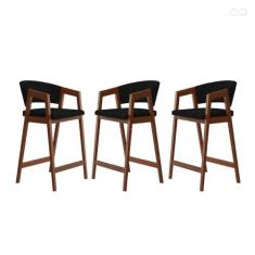 Imagem de Kit 3 Banquetas Alta para Bancada de Cozinha Ravena Madeira Maciça Pinhão Suede Preto CCS