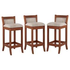 Imagem de Kit 3 Banquetas Média Estofada Lucca 36x83Cm Bancada Bar Balcão Madeira Maciça Linho Bege M58 - RMI