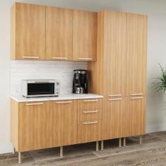 Imagem de Cozinha Compacta Jasmine 200cm com Tampo, 4 Peças, 9 Portas e 3 Gavetas com Divisor de Talheres Freijó/Branco