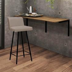 Imagem de Kit Mesa Suspensa de Parede Fixa mdf Castanho + 1 Banqueta Lexi Ferro Preto Sintético Bege - Ahazzo Móveis