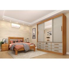 Imagem de Quarto Completo Guarda Roupa 3 Portas Cama Casal e Mesa de Cabeceira Chicago Tcil Móveis Cinamomo/Off White