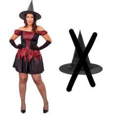 Imagem de Fantasia Halloween Vestido de Bruxa Adulto Feiticeira Bruxinha Brilho 