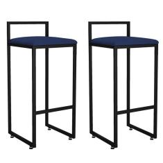 Imagem de Kit 02 Banquetas Altas Para Cozinha Sala De Jantar Hanna L02 Preto Suede Azul Marinho