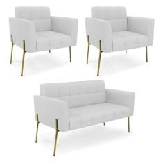 Imagem de Sofá Namoradeira e 2 Poltronas Pé de Ferro Dourado Elisa Linho Cinza A05 D03 - D'Rossi