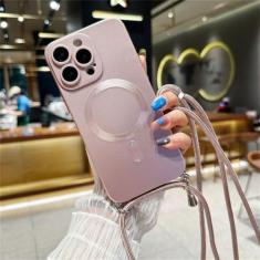 Imagem de Capa magnética com alça crossbody, cordão para iphone 15 14 13 11 12 pro max plus xs x xr, capa traseira macia de silicone, rosa, para iphone 14 plus