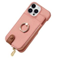 Imagem de Carteira de couro com zíper com porta-cartão capa de telefone para iPhone 13 12 Mini 15 14 11 Pro Max XS XR X 7 8 Plus Ring Kickstand Cover, rosa, para iPhone 11 Pro