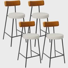 Imagem de Kit 04 Banquetas Baixa Cozinha Sala Jantar Milão L02 Couríssimo Whisky Linho Champagne - Lyam Decor