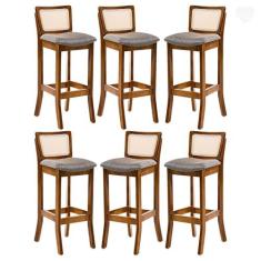 Imagem de Rio Madeira, Kit 6 Banquetas Alta com Encosto Rattan Portugal Estofada Linho Cinza L55 RMI