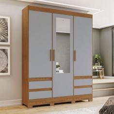 Imagem de Guarda-Roupa Solteiro Lema 3 Portas 4 Gavetas Com Espelho Nature/Cinza