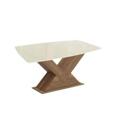 Imagem de Mesa De Sala Jantar Amora C/tampo Madeirado C/ Vidro 90x170cm Nogueira/off White/vidro Off White
