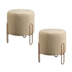 Imagem de Conjunto - 2 Puffs Banqueta Mali Luxo Base Metálica Bronze Linho Bege