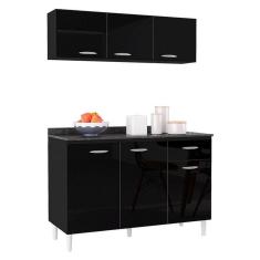 Imagem de Balcão De Cozinha Com Tampo E Armário Aéreo 120 Cm Preto - Poquema