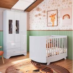 Imagem de Quarto de Bebê Guarda Roupa com Janelas Retângulo e Berço Americano Kakau Retrô Espresso Móveis Branco Brilho