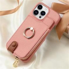 Imagem de Carteira de couro com zíper com porta-cartão capa de telefone para iPhone 13 12 Mini 15 14 11 Pro Max XS XR X 7 8 Plus Ring Kickstand Cover, rosa, para iPhone X XS