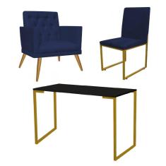 Imagem de Kit Escritório Stan Poltrona Maria com Cadeira e Mesa Industrial Preto Dourado Suede Azul Marinho - Ahz Móveis