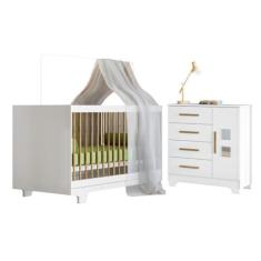 Imagem de Quarto de Bebê com Berço Mini Cama 100% Mdf Flocos e Cômoda 4 Gavetas 1 Porta Fly 100% Mdf Branco
