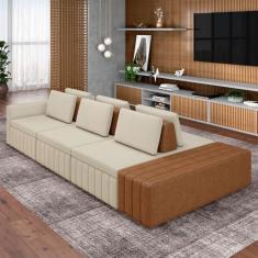 Imagem de Sofá Ilha com Encosto e Almofadas Móveis Olimpo 365cm Modulado Linho/PU Bege/Caramelo G45 - Gran Belo