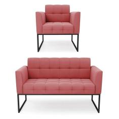 Imagem de Kit 1 Sofá Namoradeira E 1 Poltrona Elisa Suede Base Metálica Industrial Preto - D`rossi Cor Rose