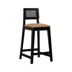 Imagem de Banqueta Gabi 68cm Altura Madeira Maciça Encosto Telinha Assento Estofado Corano Preto/Caramelo