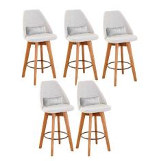 Imagem de Kit 05 Banquetas Alta Maya Giratória Com Encosto Linho Bege Claro e Almofada Sintético Branco - Aurora Line