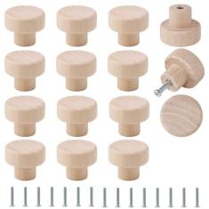 Imagem de FoDau770 15 puxadores de madeira inacabados, puxadores de armário redondos de topo plano puxadores de gaveta vintage, ferragens de armário de madeira natural para gaveta de móveis cômoda guarda-roupa