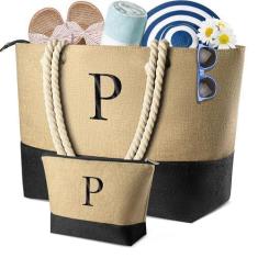 Imagem de TOPEAST Bolsas de praia para mulheres, bolsa de mão inicial com bolsa de maquiagem, presentes de aniversário exclusivos para mulheres, mães e amigas, Linho amarelo, Large, P