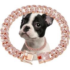 Imagem de haoyueer Coleira de corrente para cães, diamante, elos cubanos, coleira para cães de 13 mm de largura, corrente de metal para gatos, coleira de cristal, acessórios para filhotes, pequenos, médios e