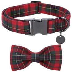 Imagem de DOGWONG Coleira xadrez vermelha de Natal com gravata borboleta, coleira fofa de algodão, gravata borboleta vermelha, durável, macia, para cães pequenos, médios e grandes