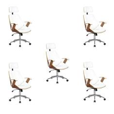 Imagem de Kit 5 Cadeiras de Escritório Presidente Giratória com Apoia Cabeça Office Lisboa Branco