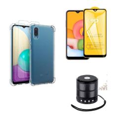 Imagem de Kit Mini Som Bluetooth Samsung A02 + Capa Anti Impacto + Película Vidro 3D