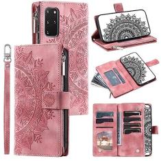 Imagem de Capa carteira compatível com Samsung Galaxy S20 Plus com compartimento para cartão, capa de couro com zíper, capa flip com fecho magnético capa de couro floral em relevo com alça transversal