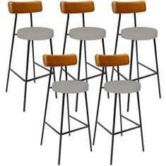 Imagem de Kit 05 Banquetas Alta Cozinha Sala Jantar Aço Milão L02 Couríssimo Whisky Linho Bege - Lyam Decor