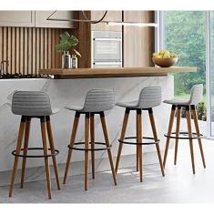 Imagem de KIT 4 BANQUETAS ALTAS LUXO VERSATIL AÇO PRETO LINHO CINZA BASE CARVALHO