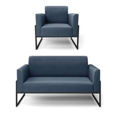 Imagem de Sofá Namoradeira com Poltrona Base Industrial Alta Preto Marisa Suede Azul Marinho D03 - D`Rossi