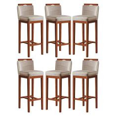 Imagem de Kit 6 Banquetas Alta Estofada com Encosto 38x102 Cm Líbia Madeira Maciça Suede Bege CCS