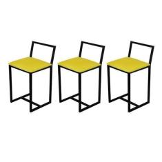 Imagem de Kit 3 Banqueta Baixa Para Cozinha Preta Industrial Assento Estofado - 