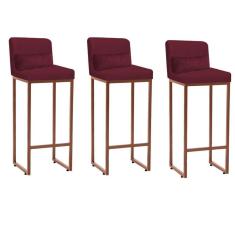 Imagem de Kit 03 Banqueta Alta com Encosto Lucca Industrial Cozinha Balcão Ferro Bronze Suede Bordô e Almofada Bordô - Ahazzo Móveis