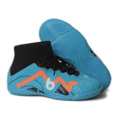 Imagem de Tênis Futsal Infantil Cano Alto Chuteira Quadra Azul Com Solado Costur