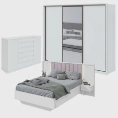 Imagem de Quarto com Guarda-Roupa com Espelho 3 Portas 6 Gavetas, Cômoda 2 Portas 7 Gavetas e Cama Solaris