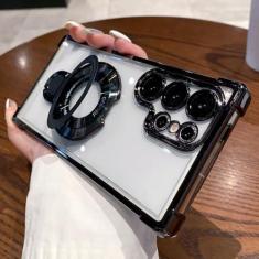 Imagem de Capa protetora magnética transparente galvanizada para Samsung Galaxy S24 S23 S23 Ultra Stand Quatro cantos Almofada de ar anti-queda, preta, S24Plus