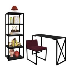 Imagem de Kit Escritório Bex 1 Cadeira Suede Bordô com 1 Mesa e 1 Livreiro Ferro Preto MDF Preto - Ahazzo Móveis